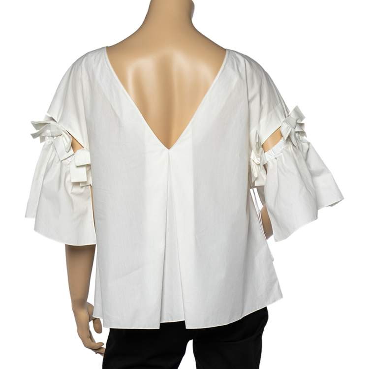 Pre Owned Fendi White Cotton Bow Detail Oversized Top S