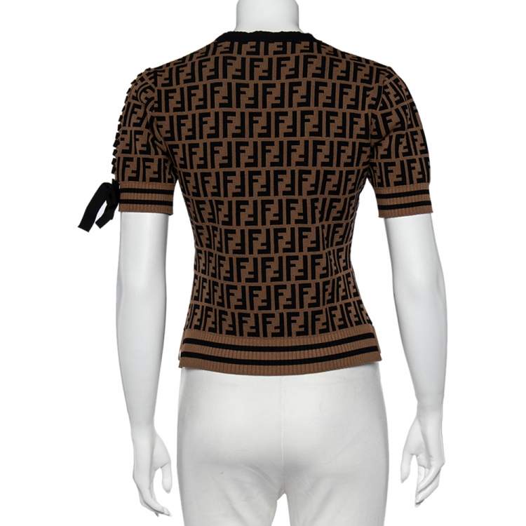 Pre Owned Fendi Brown Zucca Monogram Knit Ribbon Sleeve Detailed Top M