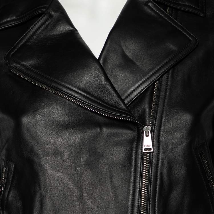 Pre Owned Fendi Black Leather Zucca Velvet Trim Biker Jacket S