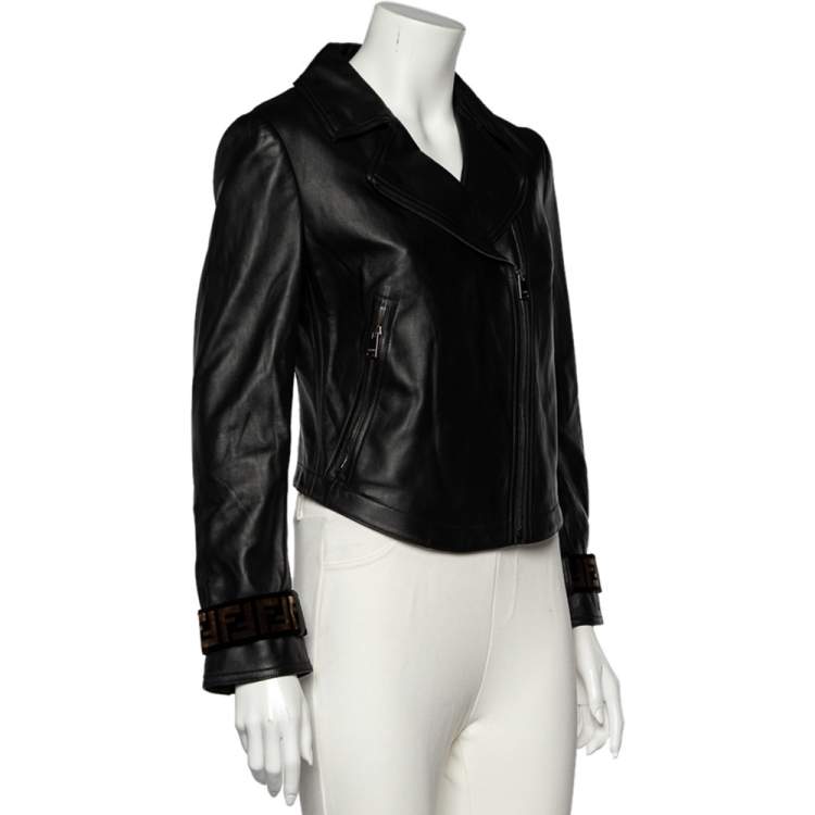 Pre Owned Fendi Black Leather Zucca Velvet Trim Biker Jacket S