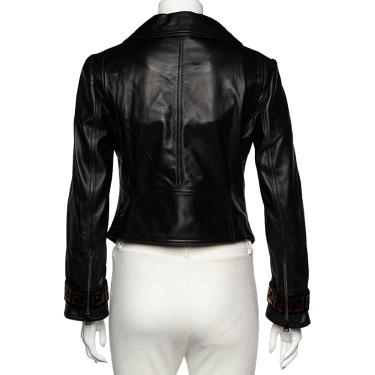 Pre Owned Fendi Black Leather Zucca Velvet Trim Biker Jacket S