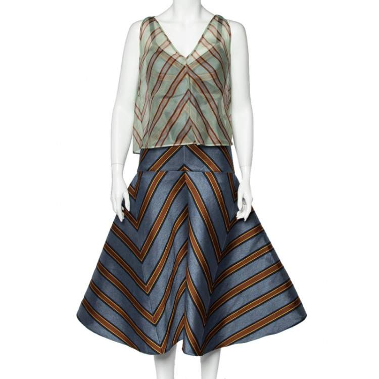 مملوكة مسبقًا Fendi Blue Striped Silk Blend Cape Detail Midi Dress S