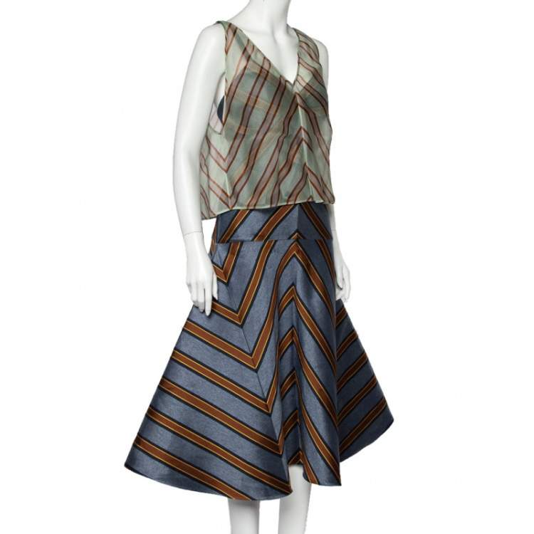 مملوكة مسبقًا Fendi Blue Striped Silk Blend Cape Detail Midi Dress S