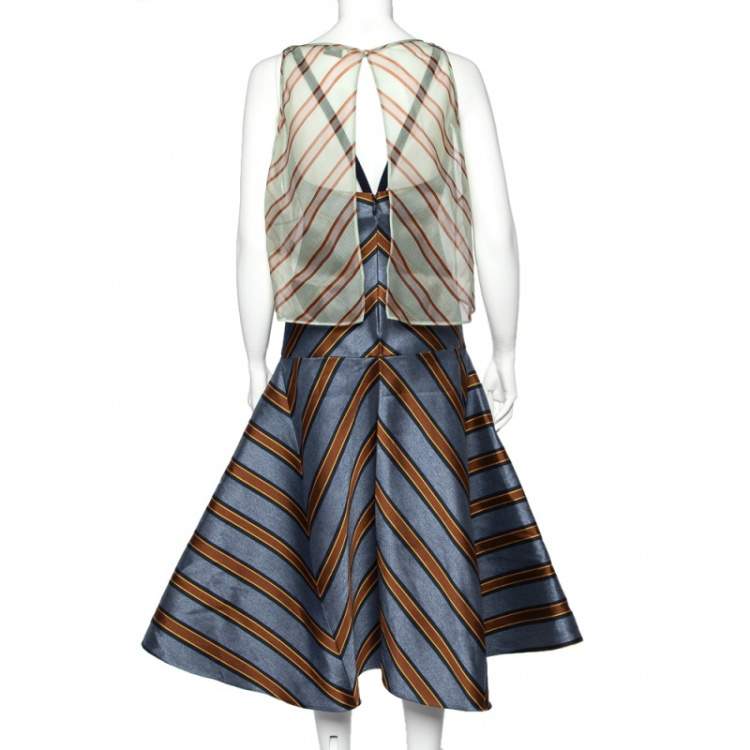 مملوكة مسبقًا Fendi Blue Striped Silk Blend Cape Detail Midi Dress S