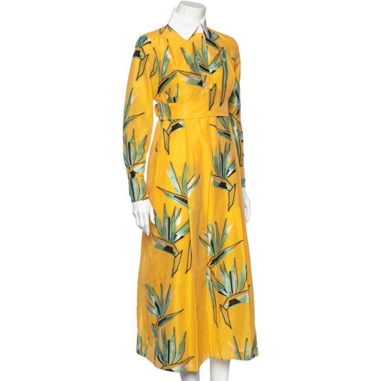 مملوكة مسبقًا Fendi Yellow Silk Jacquard Birds of Paradise Flower Dress S