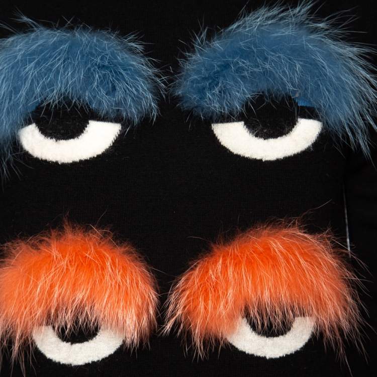 Pre Owned Fendi Black Wool & Fur Trimmed Monster Eye Turtle Neck Sweater S