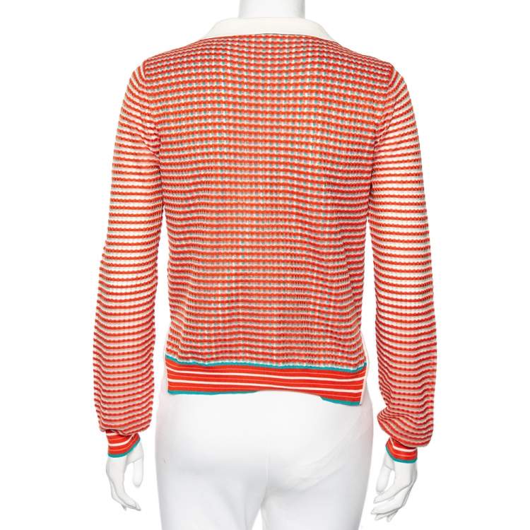 Pre Owned Fendi Orange Silk Knit Cropped Polo Top M
