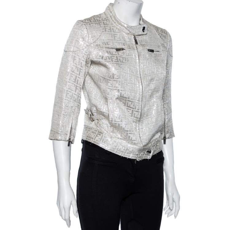 Pre Owned Fendi Beige Linen Lurex Logo Monogram Zip Front Jacket S