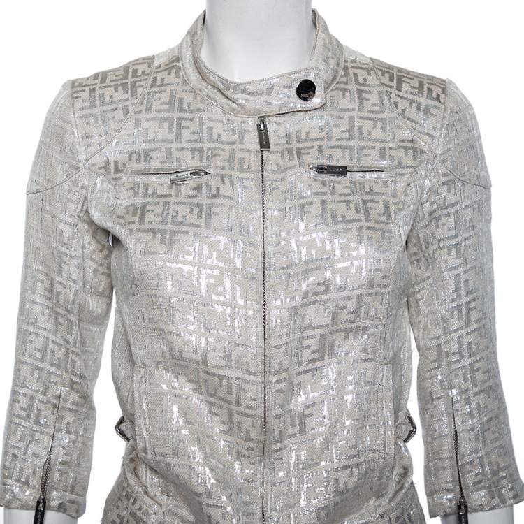 Pre Owned Fendi Beige Linen Lurex Logo Monogram Zip Front Jacket S