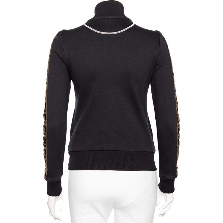 Pre Owned Fendi Black Knit Logo Trimmed Zip Front Jacket M