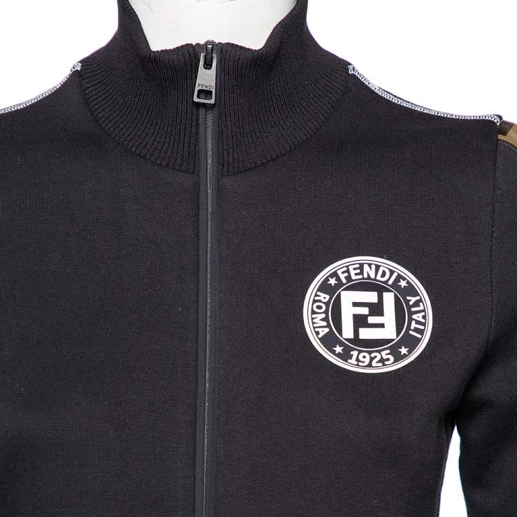 Pre Owned Fendi Black Knit Logo Trimmed Zip Front Jacket M