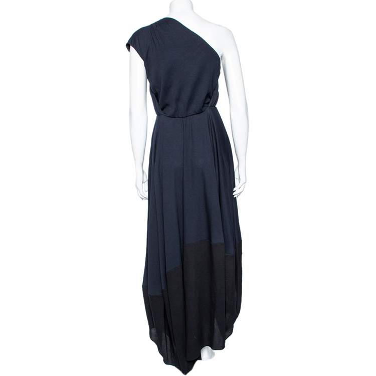 Pre Owned Fendi Navy Blue & Black Paneled Hem Wool One Shoulder Maxi Dress S