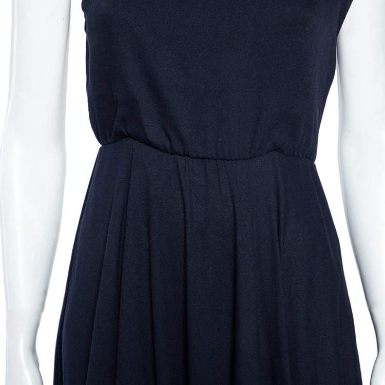 Pre Owned Fendi Navy Blue & Black Paneled Hem Wool One Shoulder Maxi Dress S