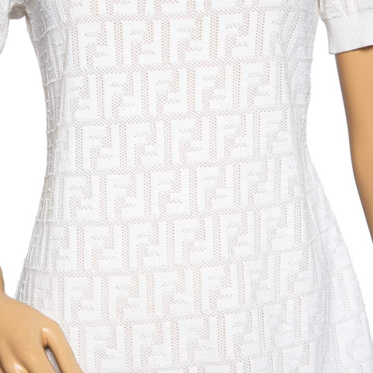 Pre Owned Fendi White Monogram Knit Crewneck Midi Dress M 