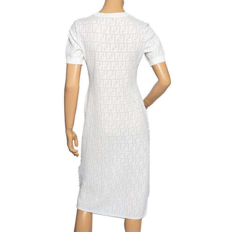 Pre Owned Fendi White Monogram Knit Crewneck Midi Dress M 