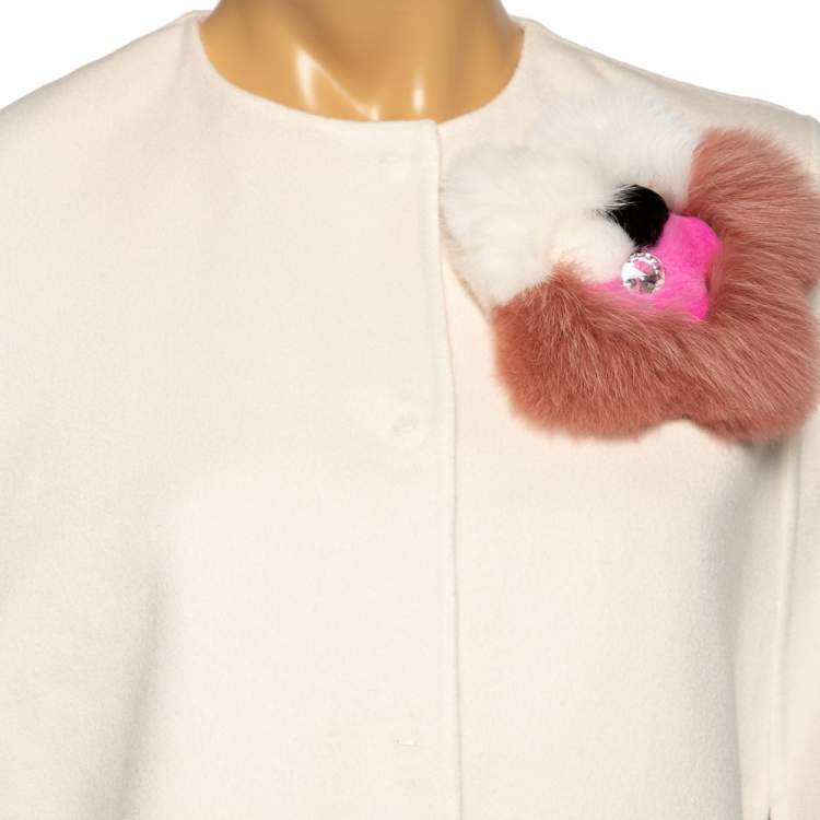 Pre Owned Fendi Cream Wool & Fur Detailed Button Front Cape S