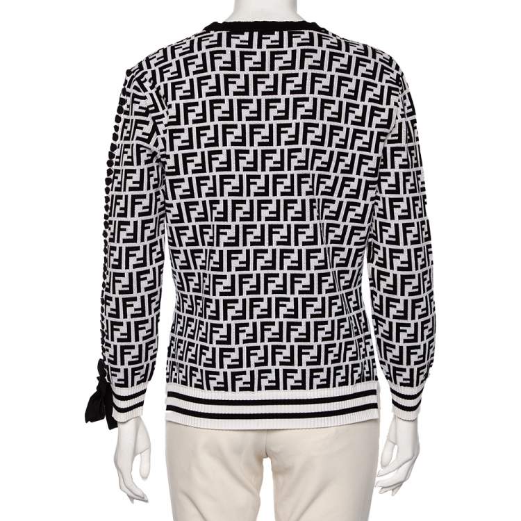 Pre Owned Fendi Monochrome Zucca Monogram Jacquard Knit Ribbon Detailed Pullover L