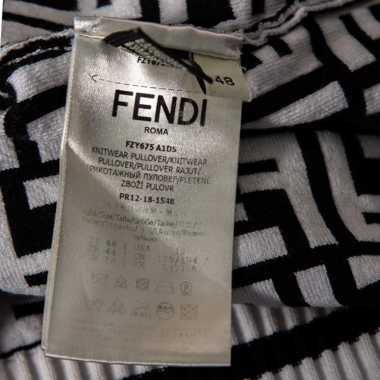 Pre Owned Fendi Monochrome Zucca Monogram Jacquard Knit Ribbon Detailed Pullover L