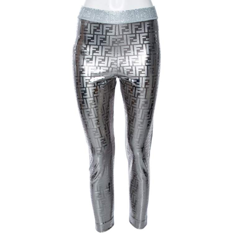 Pre Owned Fendi Zucca Patterned Metallic Synthetic Pants S