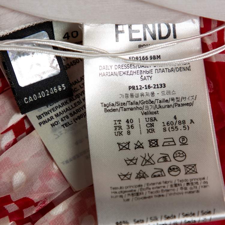 Pre Owned Fendi Red Geometric Printed Silk & Velvet Polka Dotted Belted Dress S