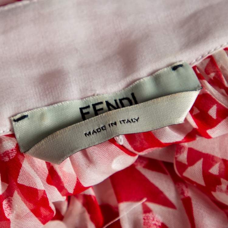 Pre Owned Fendi Red Geometric Printed Silk & Velvet Polka Dotted Belted Dress S