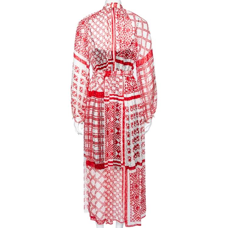 Pre Owned Fendi Red Geometric Printed Silk & Velvet Polka Dotted Belted Dress S
