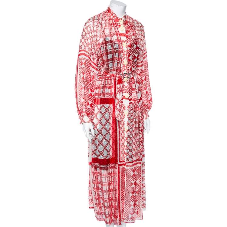 Pre Owned Fendi Red Geometric Printed Silk & Velvet Polka Dotted Belted Dress S