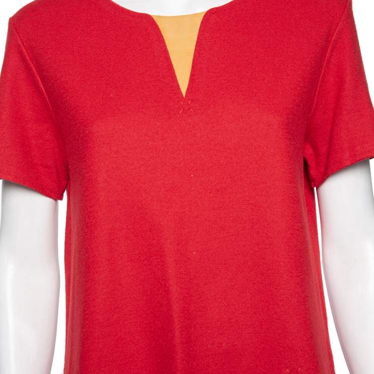 Pre Owned Fendi Red Wool & Leather Inset Detailed Short Sleeve Top S 