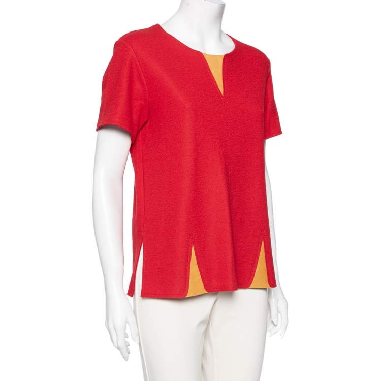Pre Owned Fendi Red Wool & Leather Inset Detailed Short Sleeve Top S 