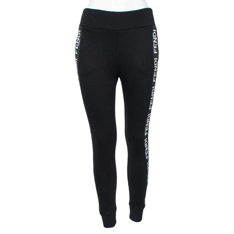 Pre Owned Fendi Black Cotton Logo Trimmed Joggers S
