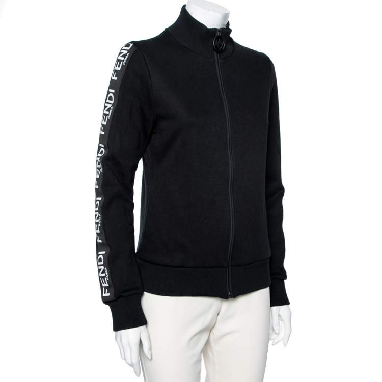 Pre Owned Fendi Black Cotton Logo Tape Trimmed Zip Front Jacket M
