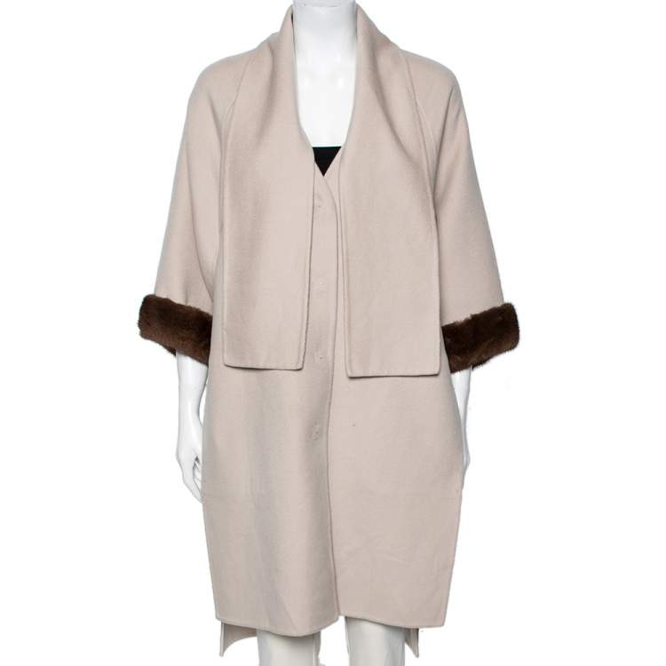 Pre Owned Fendi Beige Cashmere & Fur Trimmed Detachable Muffler Detailed Coat S