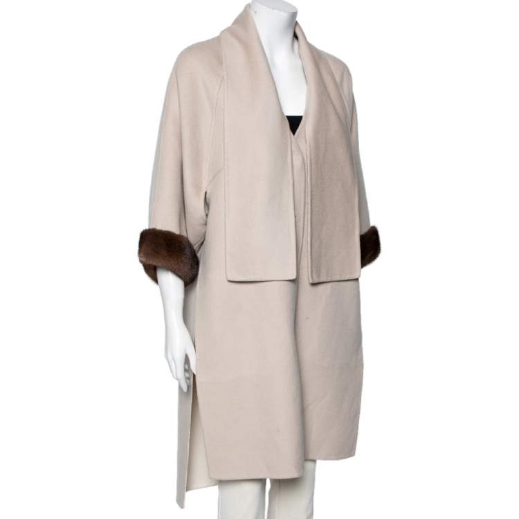 Pre Owned Fendi Beige Cashmere & Fur Trimmed Detachable Muffler Detailed Coat S