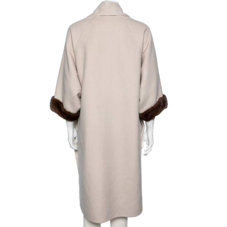 Pre Owned Fendi Beige Cashmere & Fur Trimmed Detachable Muffler Detailed Coat S