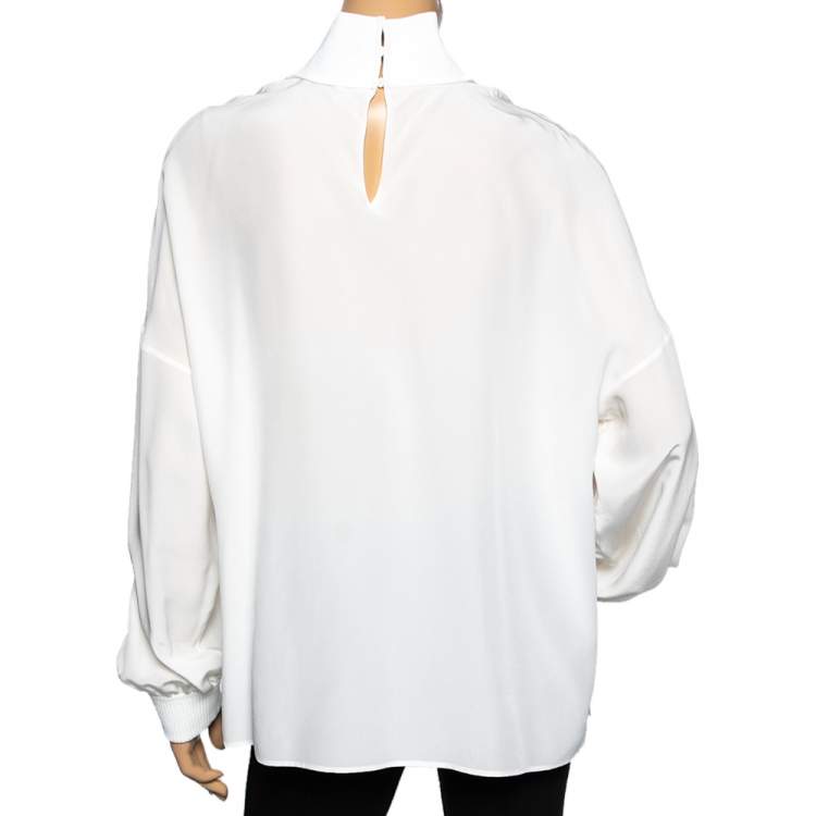 Pre Owned Fendi Off White Silk & Rib Knit Trimmed Long Sleeve Blouse M