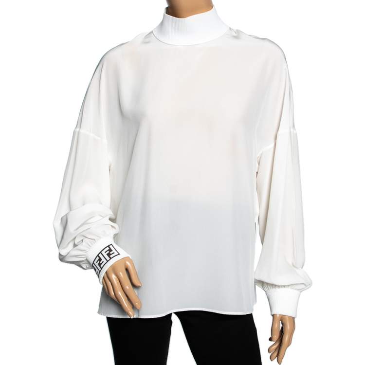 Pre Owned Fendi Off White Silk & Rib Knit Trimmed Long Sleeve Blouse M