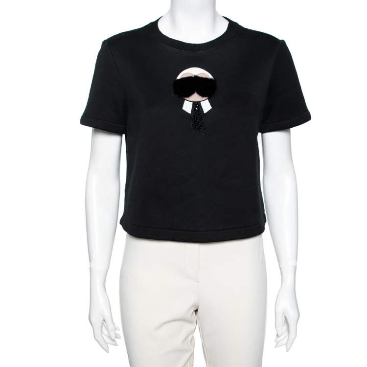 Pre Owned Fendi Black Knit Karlito Patch Detail T-Shirt M