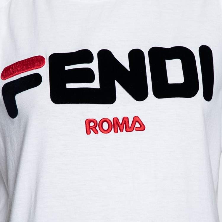 Pre Owned Fendi x Fila White Cotton Flocked Logo Appliqued T-Shirt S