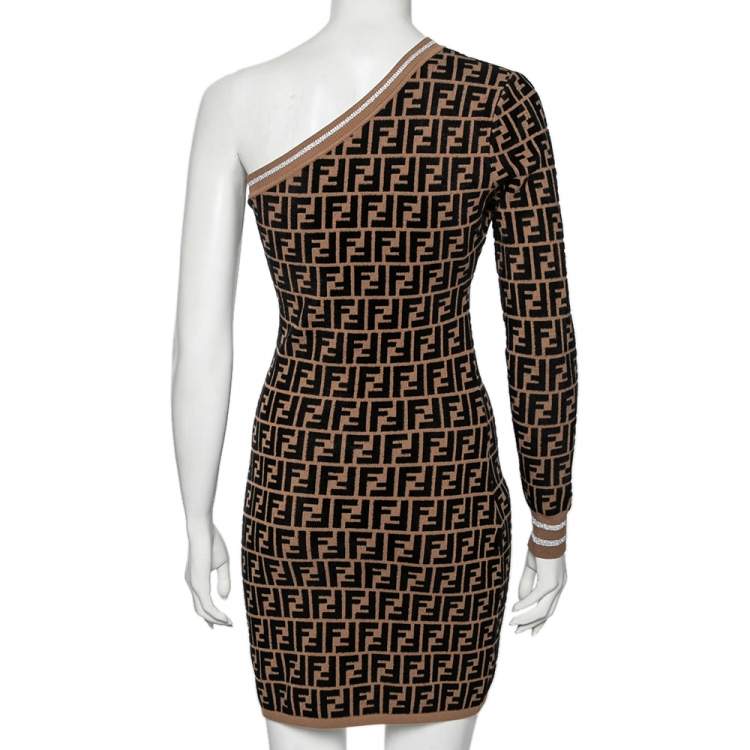 Pre Owned Fendi Brown Zucca Monogram Knit One Shoulder Fitted Dress XS