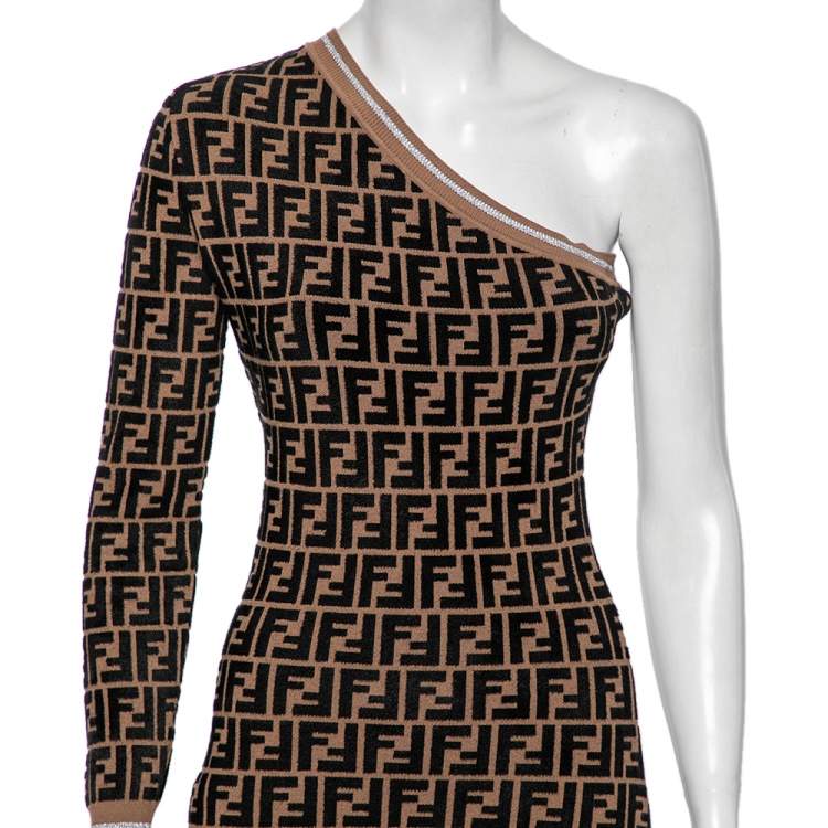 Pre Owned Fendi Brown Zucca Monogram Knit One Shoulder Fitted Dress XS