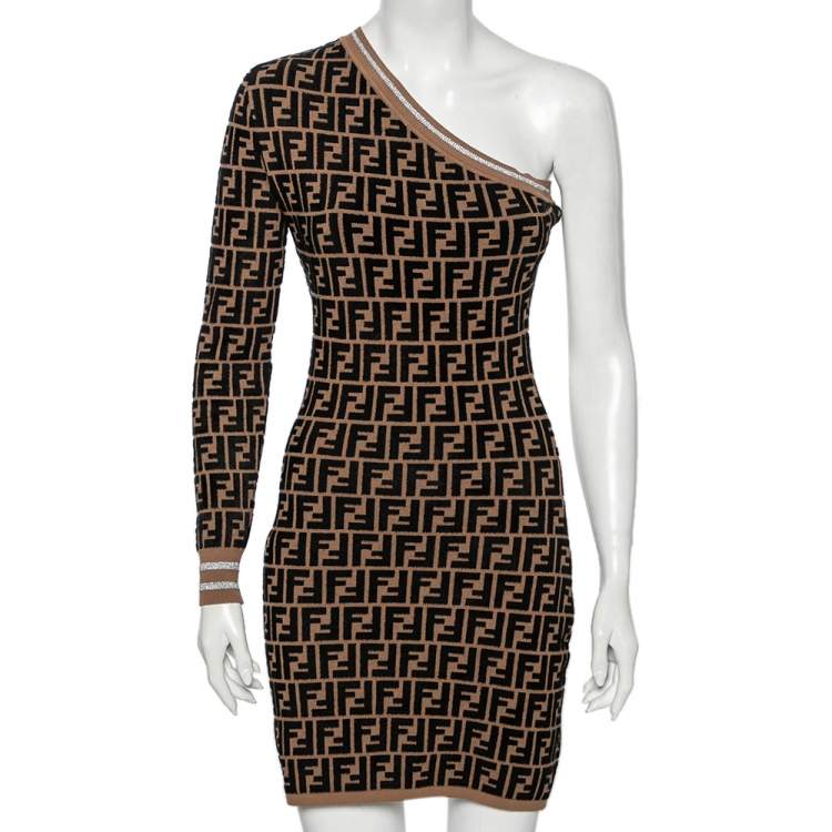 Fendi Brown Zucca Monogram Knit One Shoulder Fitted Dress XS Fendi | TLC