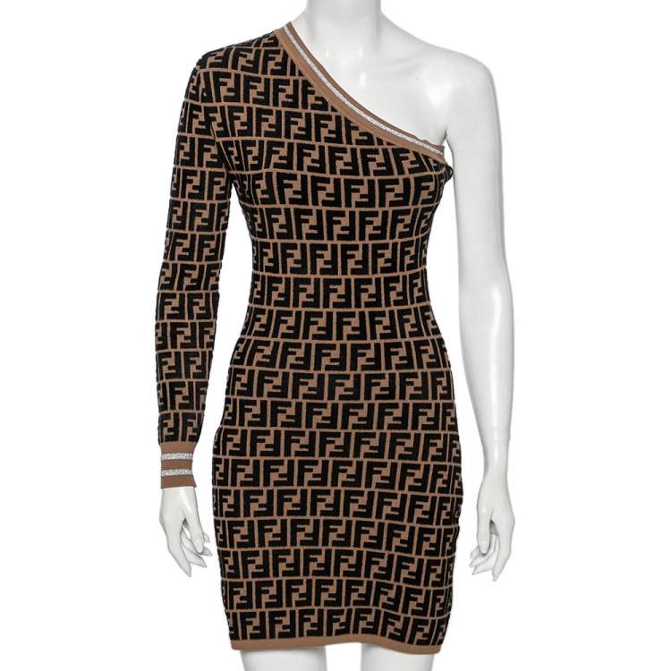 Fendi Brown Zucca Monogram Pattern Knit Fitted Dress S Fendi