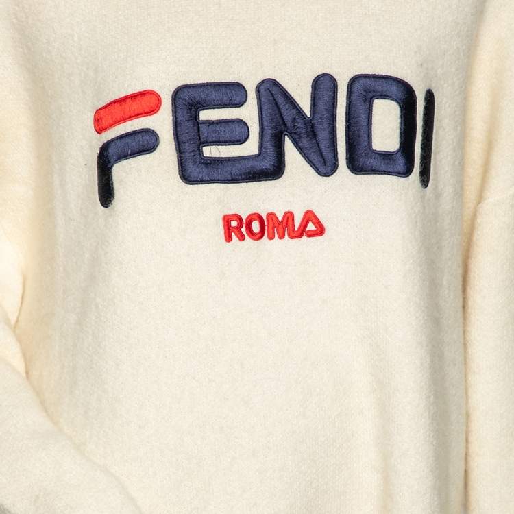Pre Owned Fendi Cream Knit Logo Embroidered Sweater L