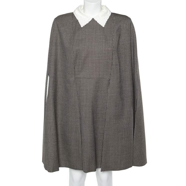 Pre Owned Fendi Brown Microcheck Wool Contrast Collar Cape Sleeve Detail Mini Dress M