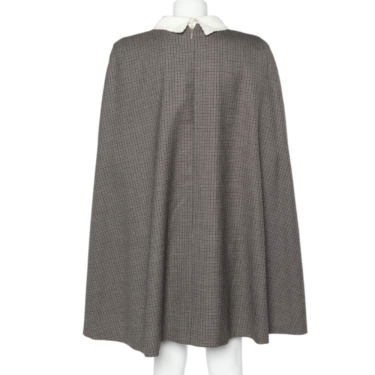 Pre Owned Fendi Brown Microcheck Wool Contrast Collar Cape Sleeve Detail Mini Dress M