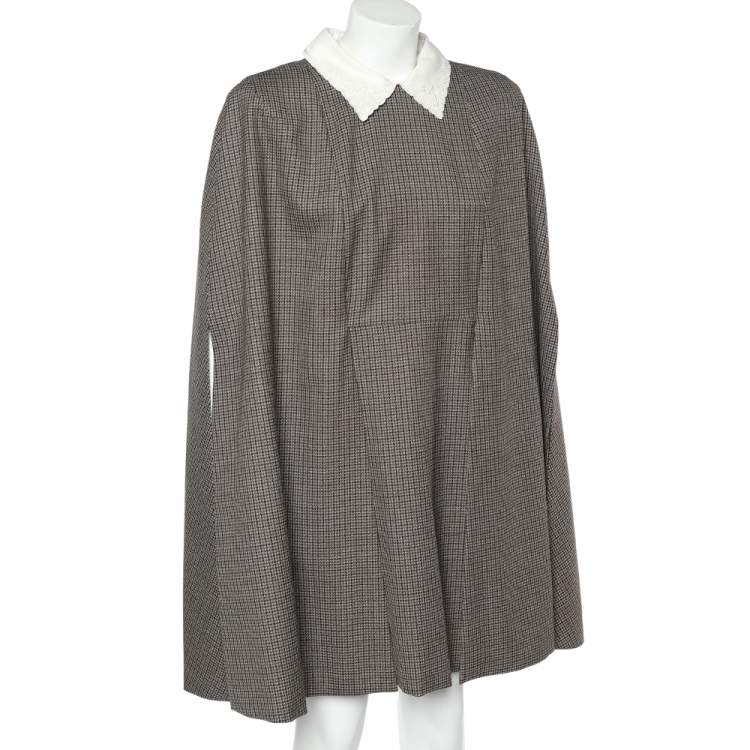 Pre Owned Fendi Brown Microcheck Wool Contrast Collar Cape Sleeve Detail Mini Dress M