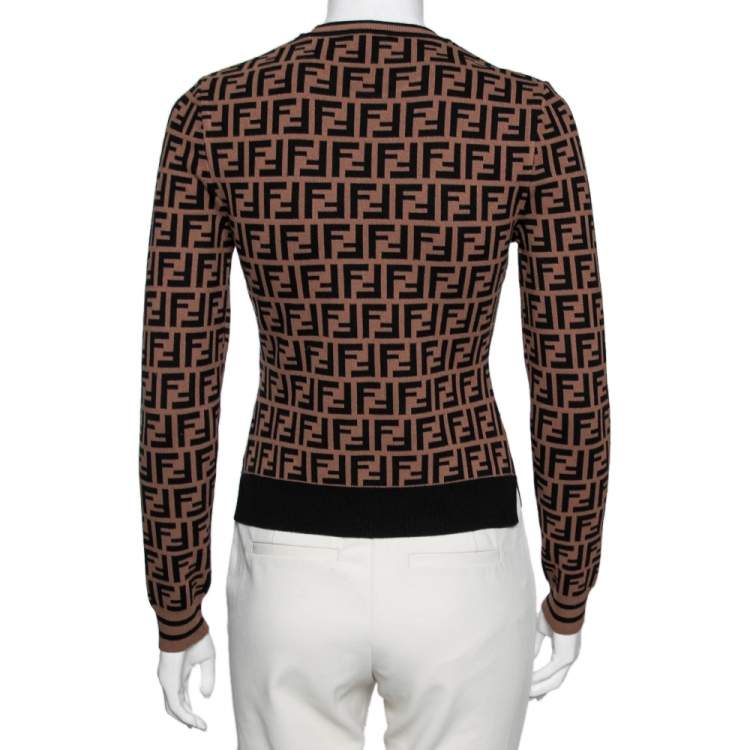 Pre Owned Fendi Brown Brown Zucca Monogram Jacquard Long Sleeve Jumper S