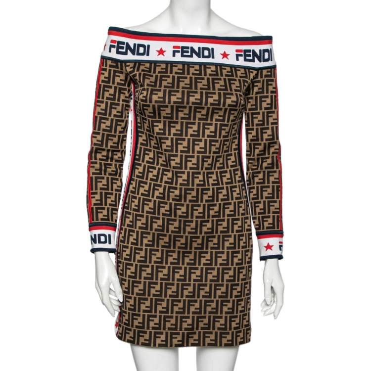 Pre Owned Fendi Brown FF Motif Cotton Logo Trimmed Denuded Shoulder Dress M