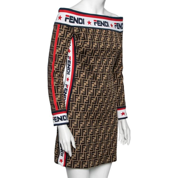 Pre Owned Fendi Brown FF Motif Cotton Logo Trimmed Denuded Shoulder Dress M