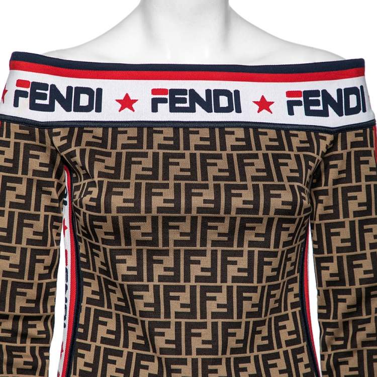 Pre Owned Fendi Brown FF Motif Cotton Logo Trimmed Denuded Shoulder Dress M
